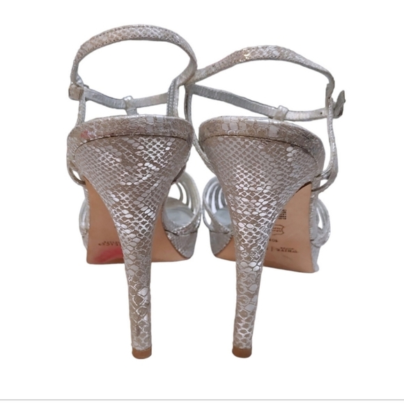 White House Black Market Silver Snakeskin Python Strappy Pump Heel Women Size 10 - Picture 6 of 10
